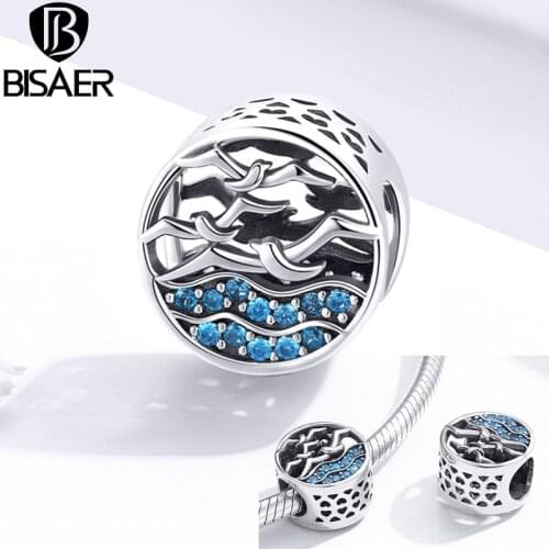 Seagulls Silver Beads BISAER 925 Sterling Silver Blue Cubic Zircon Charms for Original Silver 925 Jewelry Making ECC1454