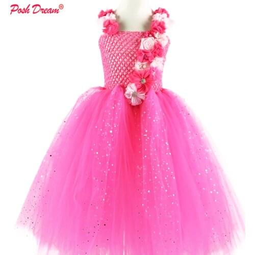 POSH DREAM Rose Hot Pink Flower Dress Girl Wedding For Party Floral Shoulder Straps Kids Girls Tulle Tutu Dress Children Clothes