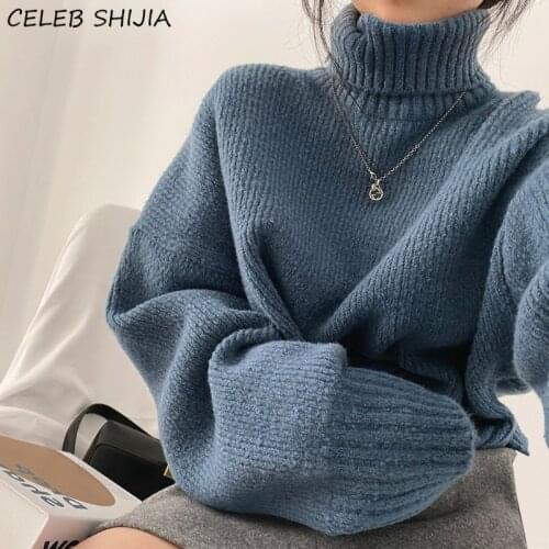 SHIJIA Turtleneck Blue Sweaters Woman Thick Autumn Winter Knitted Tops Korean Long Sleeveless Jumper Fall Loose Warm Pullover