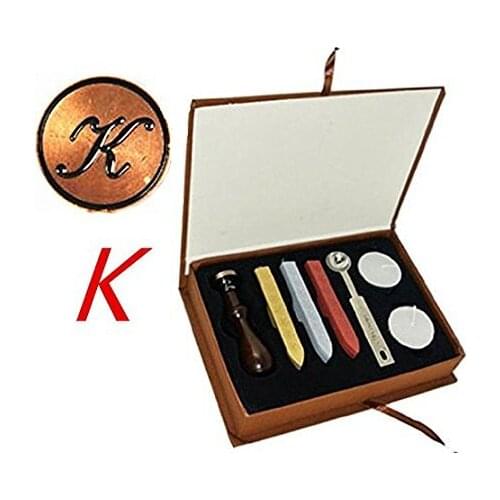 Vintage Letter K Alphabet Initial K Engraved Wedding Invitation Gift Box Wax Seal Stamp Sticks Melting Spoon Set
