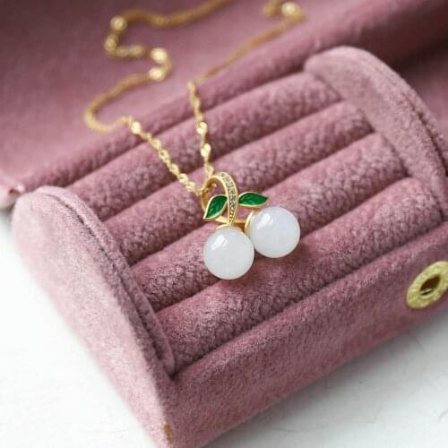Xialu Natural Hetian Jade White Jade Cherry Pendant S925 Sterling Silver Jade Fresh Sweet Necklace Clavicle Chain