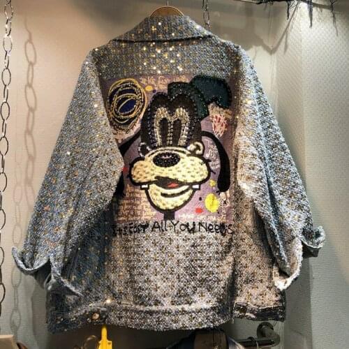 New Denim jacket women geek shinny Sequins Beaded high street women outerwear coat Cartoon oversized causal punk jackets NZ18