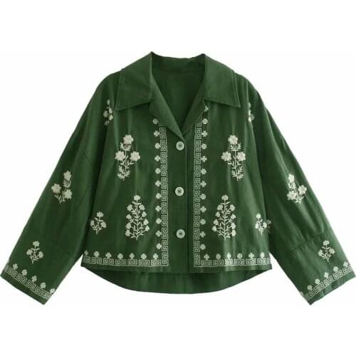 Xikom 2021 New Women Vintage Green Embroidery Shirt Female Fashion V Neck Single-Breasted Casual Streetwear Thin Shirt Chic Top
