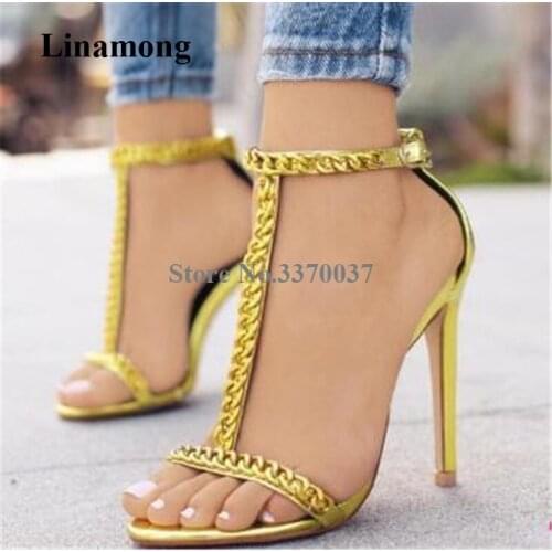 Women Elegant Fashion Open Toe Gold Chains Decorated Stiletto Heel Sandals T-strap Ankle Buckles High Heel Sandals Dress Heels