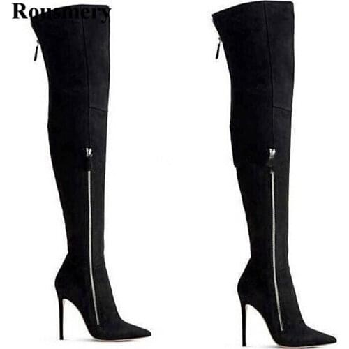 Winter Hot Sale Women Sexy Pointed Toe Zipper Design Over Knee High Heel Boots Slim Thigh Long Boots Real Pictures Boots