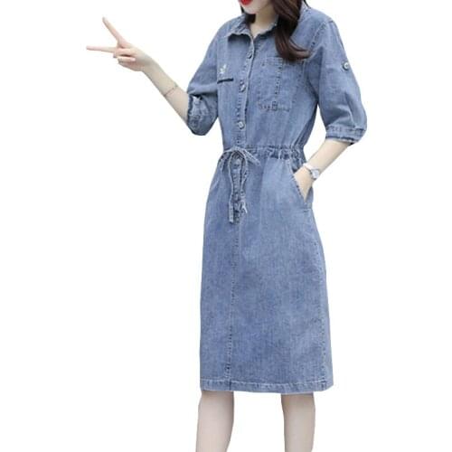 2021 Elegant Slim Women Summer Dress New Fashion Big size Long Lady Denim платье Streetwear Casual Office Female Dresses OK829