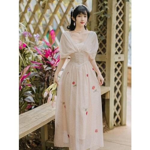 Summer High Quality Robe Femme Fashion Mesh Party Dress French Polka Dot Rose Print V-neck Sexy Vintage Maxi Dress