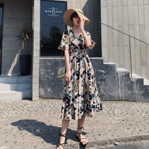 Summer Floral Chiffon V-Neck Short Sleeve High Waist Slim Temperament Long Dress Vintage Women Casual Bodycon Vestidos