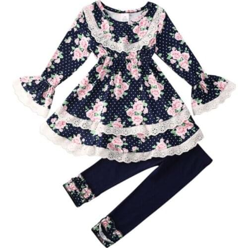 Girl Clothes 2PCS Kids Baby Girl Clothes Flower Lace Tops Floral Print Dress+Pants Leggings Outfit Set