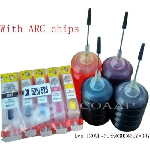 5pcs Refillable canon pgi 525 cli 526 Empty ink cartridge kit + 120ML Dye inks + ARC chips for Pixma MG 5350 Printer