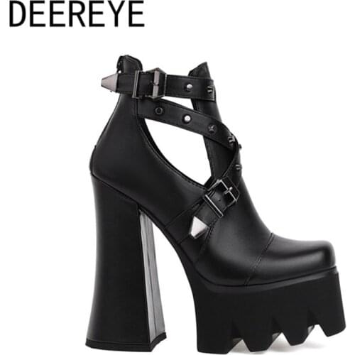 2021 Silver Rivet 15CM Chunky High Heel Side Hollow Women PU Ankle Boots Cross Straps Buckles Platform Square Toe Zipper Booties