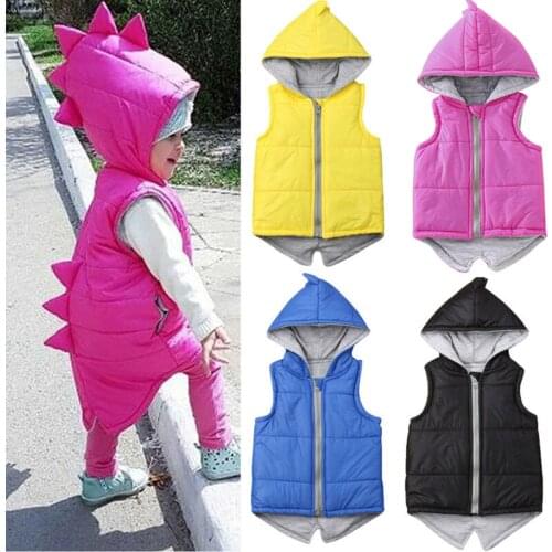 Children Warm Vest For Girls Boys Kids Cute Dinosaur Waistcoats Winter Autumn Spring Zipper Hooded Outwear Jacket Tops Clothing