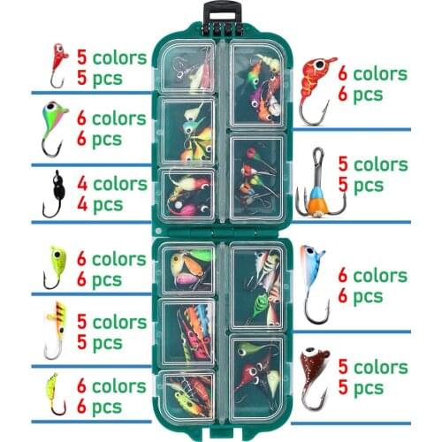 DNDYUJU 53-54PCS/BOX Insect Banana Whale Dolphin Ant Maggot Shape Fishing Lure Ice Hook Metal Lead Mini Lure Winter Fishing Hook