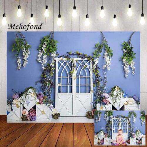 Mehofond Photography Background Blue Wall Retro Door Colorful Flowers Baby Child Cake Smash Birthday Party Backdrop Photo Studio