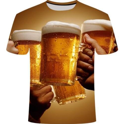 Novelty Short Sleeve t-shirt beer man Series Print Summer Mens and Womens Top High Quality Casual O-neck Broadcloth brown top