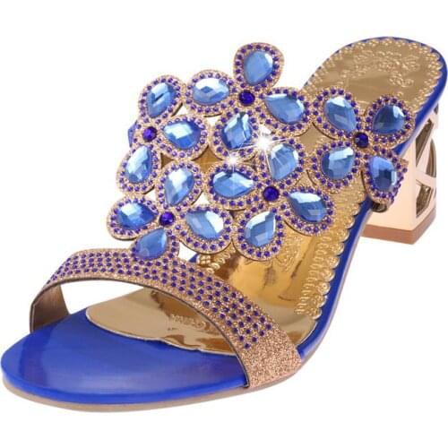 Crystal Fashion Womens Casual High Heels Slippers Diamond Thick Heel Ladies Platform Slippers Outsides Square Heels Slippers