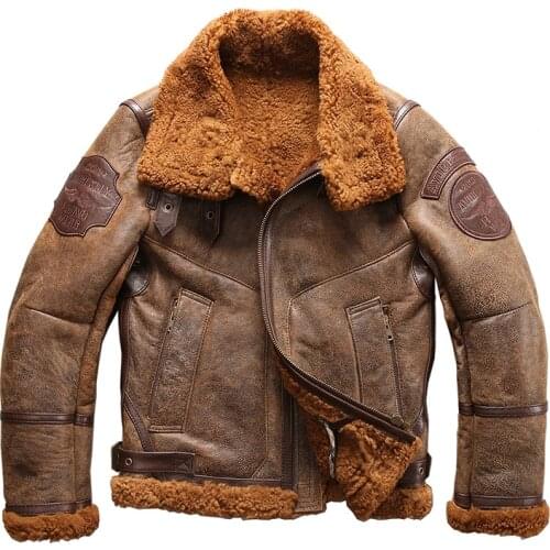8001 Avfly European Size High Quality Super Warm Genuine Sheep Leather Coat Mens Big B3 Shearling Bomber Military Fur Jacket