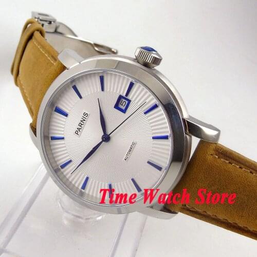 Parnis 41mm 5ATM 21 jewels Miyota automatic mens watch white dial blue marks sapphire glass