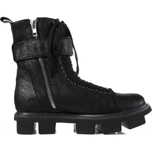 Handmade Vintage Suede Leather Tooth Sole platform Men military Harness Boot Click Thick Bottom Tooling men bota Boots