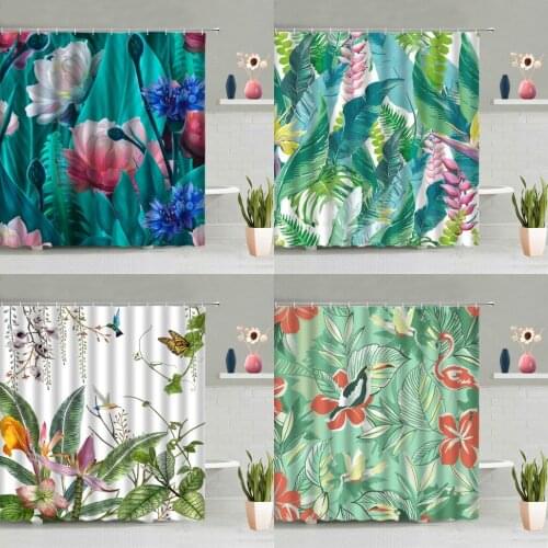 Flowers Plants Shower Curtain Set Green Leaves Pink Purple Floral Color Couples Bird Flamingo Bathtub Decoration Screen Washable