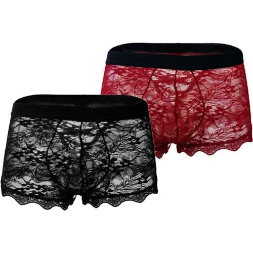 Mens Sexy Underwear Lace Transparent Mesh Low Waist Boyshort Black Red mens underwear boxers breathable ropa interior hombre