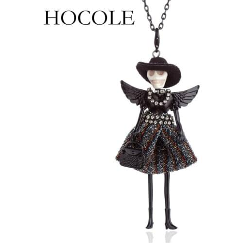HOCOLE 2018 New Skull Head Wing Doll Pendant Necklace Black Long Sweater Chain French Doll Necklace For Women Halloween Jewelry
