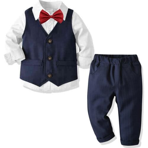 Infant Boy Formal Clothes Sets Childrens Gentleman Suit Long Sleeve Shirt with Bowtie+Waistcoat+Trousers Baby Boy Tuxedo