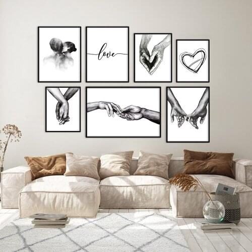 Abstract Couple Kiss Canvas Poster Holding Hands Prints Black And White Love Art Painting Quotes Wall Pictures Home Decoration