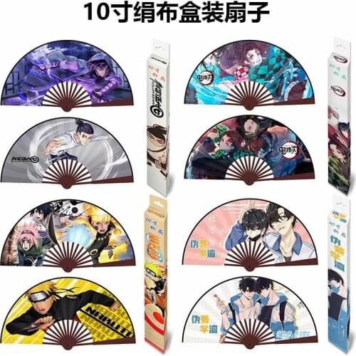 Anime My Hero Academia stray dogs Demon Slayer date a live Folding Fan Bamboo Silk Cloth Hand Fan Toy Gift with Box 10"/33cm