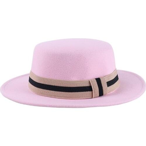 Fedora Hats Women Men Flat Top Wide Brim Ribbon Band Striped Felted Hats Classic Simple Solid Red Black Casual Formal Women Hats