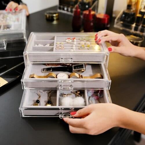 Three-layer Jewelry Storage Box Cosmetics Organizer Velvet Earrings Storage Necklace Watch Display Rack Drawer Acrylic Cabinet