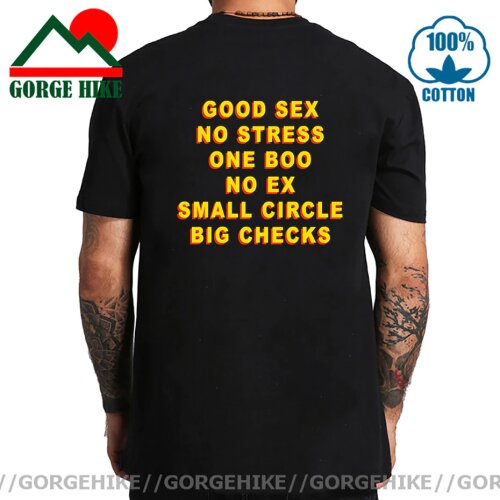 GorgeHike Funny Good Sex No Stress One Boo No Ex Small Circle Big Checks T Shirt Comic Back Letter Print TShirt 100%Cotton Shirt