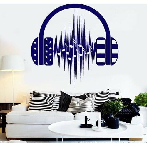 Bedroom Vinyl Wall Decal Headphones Music Musical Decoration Stickers Children Door Decals Mural Removable Audio Wave A445