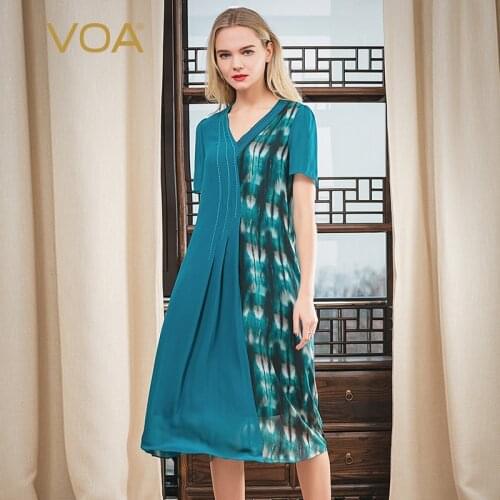 VOA Silk Qinglan Georgette V-neck Tucker Pleats Print Panel Straight Elegant Thin Short-Sleeve Dresses for Women Summer A10906