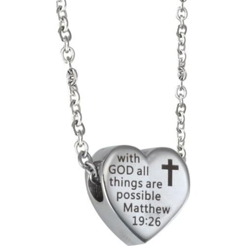 With God all things are possilbe Matthew 19:26 Stainless steel heart charm necklace Inspirational Quote Religious Jewelry Gift