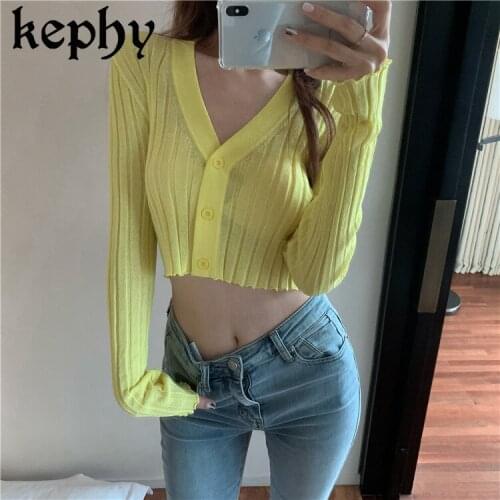 Yellow cardigan womens sweaters korean crop top autumn tops long sleeve v neck short cardigan sweater fall 2020