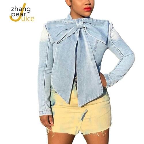 Women Blue Denim Jacket Casual Slim Vintage Jean Jacket Harajuku Fashion Coat Sexy Bow Solid Long Sleeve Jacket Top Streetwear