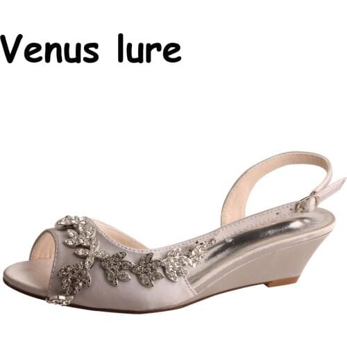 Custom Handmade Woman Wedding Wedges Grey Peep Toe Rhinestone Med Heels Satin Slingback Bride Shoes Prom Dress Pumps