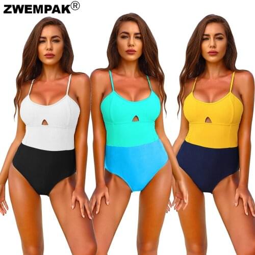 Patchwork Color Women One Piece Swimwear High Waisted Bodysuit Ladies Padded Bikini Female Monokini Summer Beach Wear Swimsuit