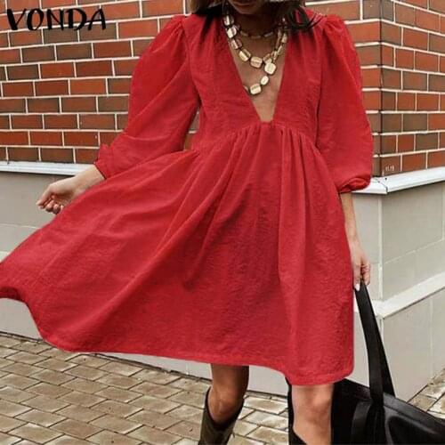 Deep V Neck Dress Women Summer Sundress 2021 VONDA Vintage Lantern Sleeve Zipper Party Dress Casual Vestido