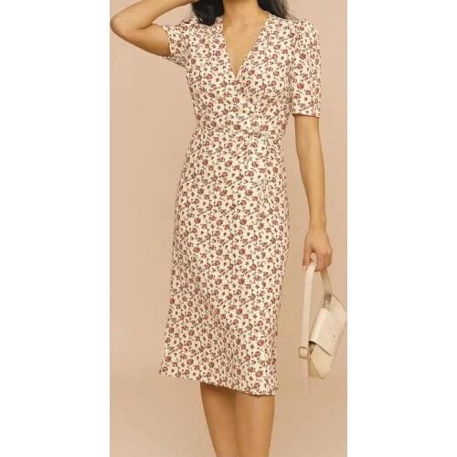 Women V-Neck Midi Wrap Dress 2021 Summer New Floral Print Puff Sleeve Side Buttons Lace-Up Waist Dresses Ladies Holiday vestidos