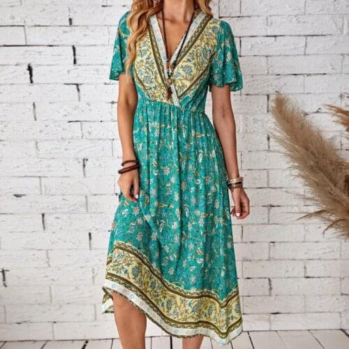 Women Dress Summer 2021 Short Sleeve Elegant Fashion Sexy V-Neck Autumn Print Color Chiffon Beach Style Female Vestido C2921