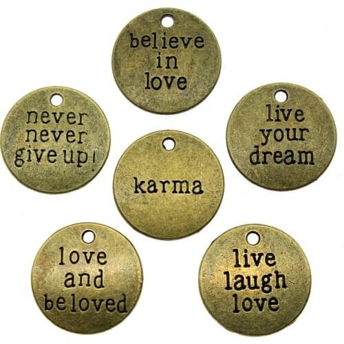 10pcs Charms Round Plates Antique Bronze Color Round Message Tag Pendant Charms Karma Dream Love Charm