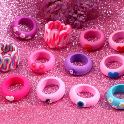 2021 Fashion Cute Heart Smiley Flower Eye Rings For Women Girls Rainbow Handmade Ceramic Clay Rings Y2K New Party Jewelry Gift
