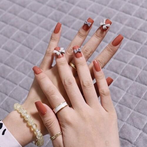 24pcs Fake Nails With Glue Medium And Long Pumpkin Color Nail Sticker Finished Artificial Nails Press On Nail Square For Girl DL