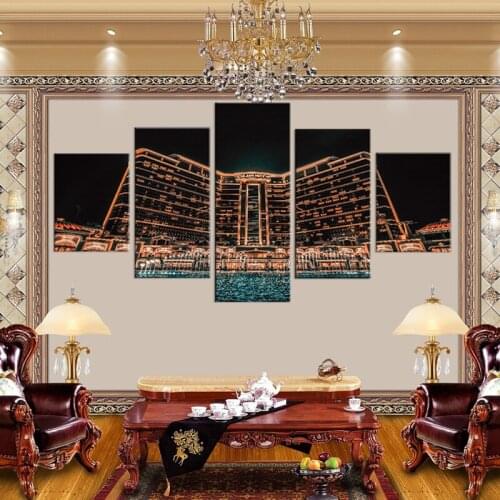 5 Pieces City Night Scenery Canvas Painting Building Posters Neon Lights Pictures Edifice Wallpapers For Home Hotel Screen Decor