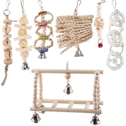 7Pcs/Set Parrot Swing Chewing Cage Toys Hanging Bell Bird Teeth Care Molar for Small Parakeets Cockatiels Conures