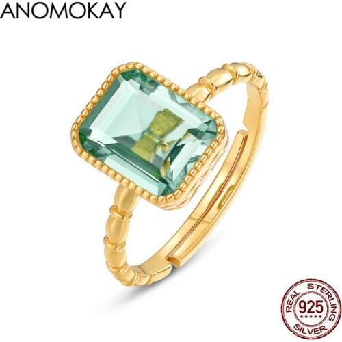 Anomokay Trendy Rectangle Green Crystal Resizable Gold Color Rings for Party Real Sterling 925 Silver Ring Adjustable Jewelry