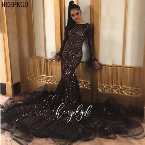 Sparkly Black Mermaid Sequins Evening Dress New Design Long Sleeves Customize Black Girls Graduation Dresses Plus Size Prom Gown