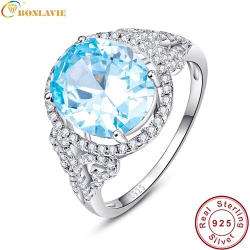 BONLAVIE 925 Sterling Silver Micro Paved Cubic Zirconia Decorated Swiss Blue Topaz Cocktail Rings Fine Jewelry Gift for Friends